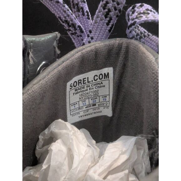 SOREL Lexi Youth Wedge Boots Sz 1 Gray w/ Silver Splash Glitter Purple Laces - Picture 8 of 8